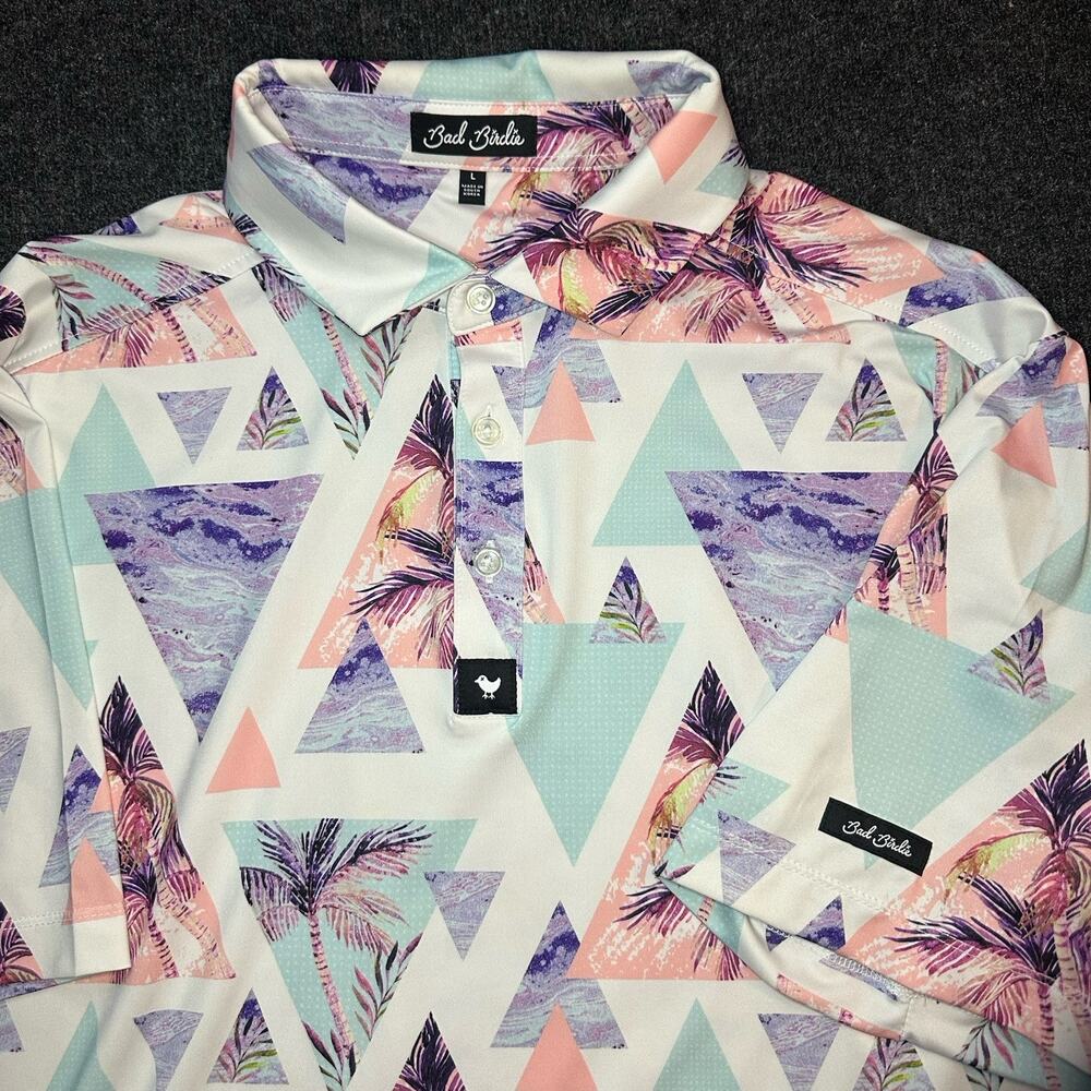 Bad Birdie Cali Golf Polo Shirt Mens Large Pink Mint Geometric Palm Tree